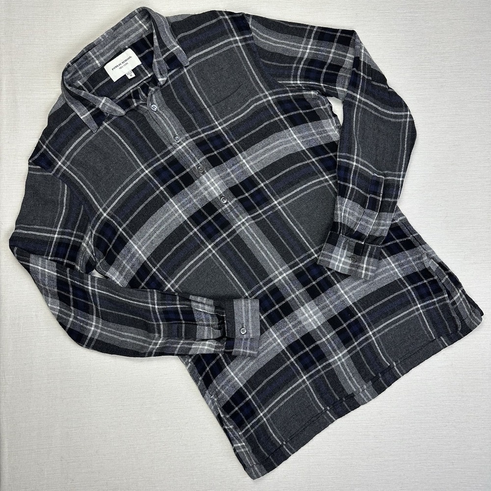 Public School New York 1/2 Button Plaid Flannel Shirt Men Medium Grey Purple